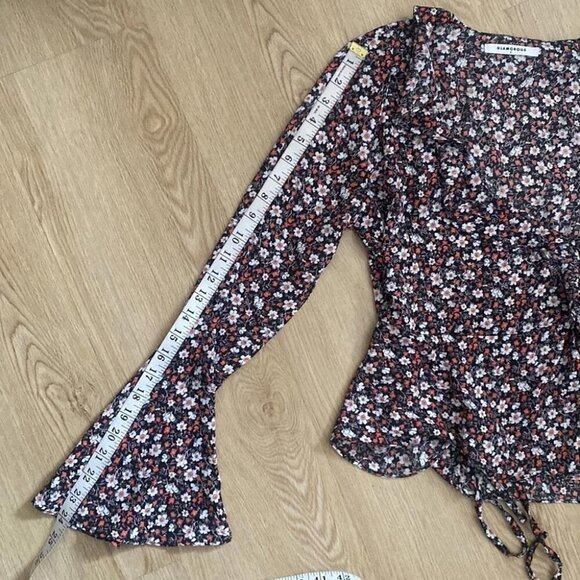 Whimsigoth Wrap Blouse Small Ruffle Bell Sleeve Moody Floral - Picture 13 of 13